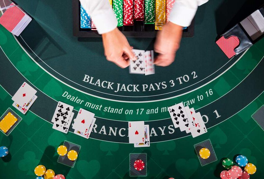 Birds-eye-view-of-a-blackjack-table-